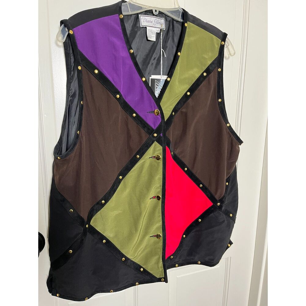 Vintage 90s Diane Gilman Silk Suede Patchwork Studded Vest 1X NWT